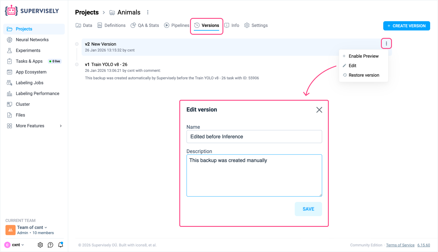 Versions Tab Interface