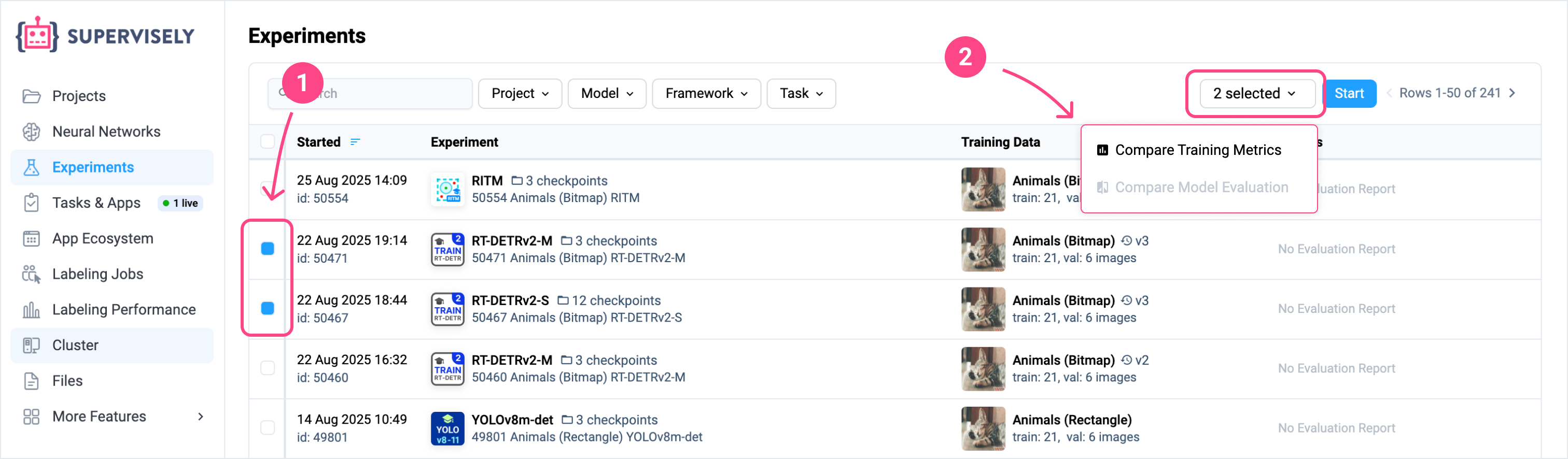 Compare training metrics
