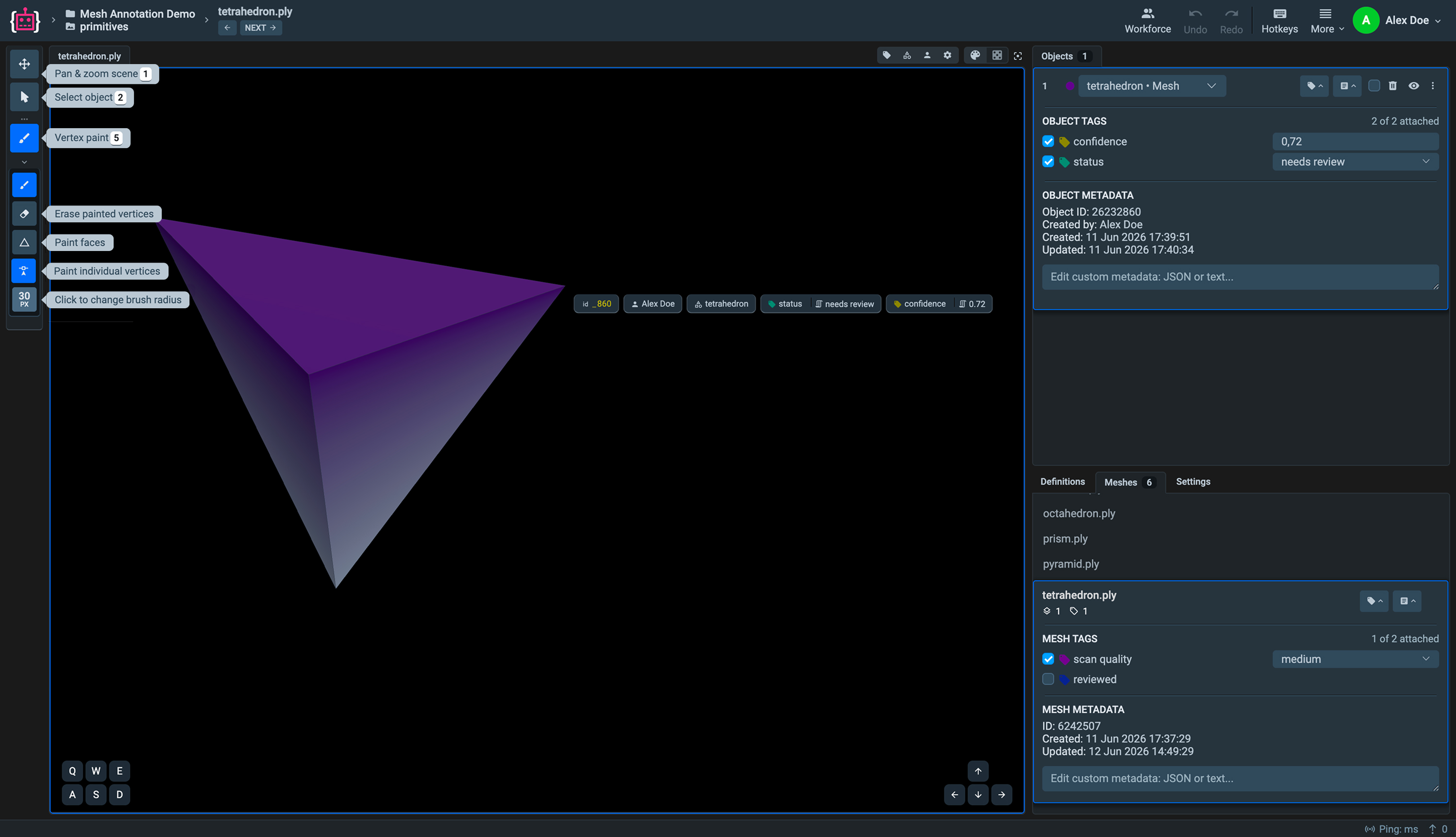 Mesh labeling toolbox with a tetrahedron mesh annotated and its object selected