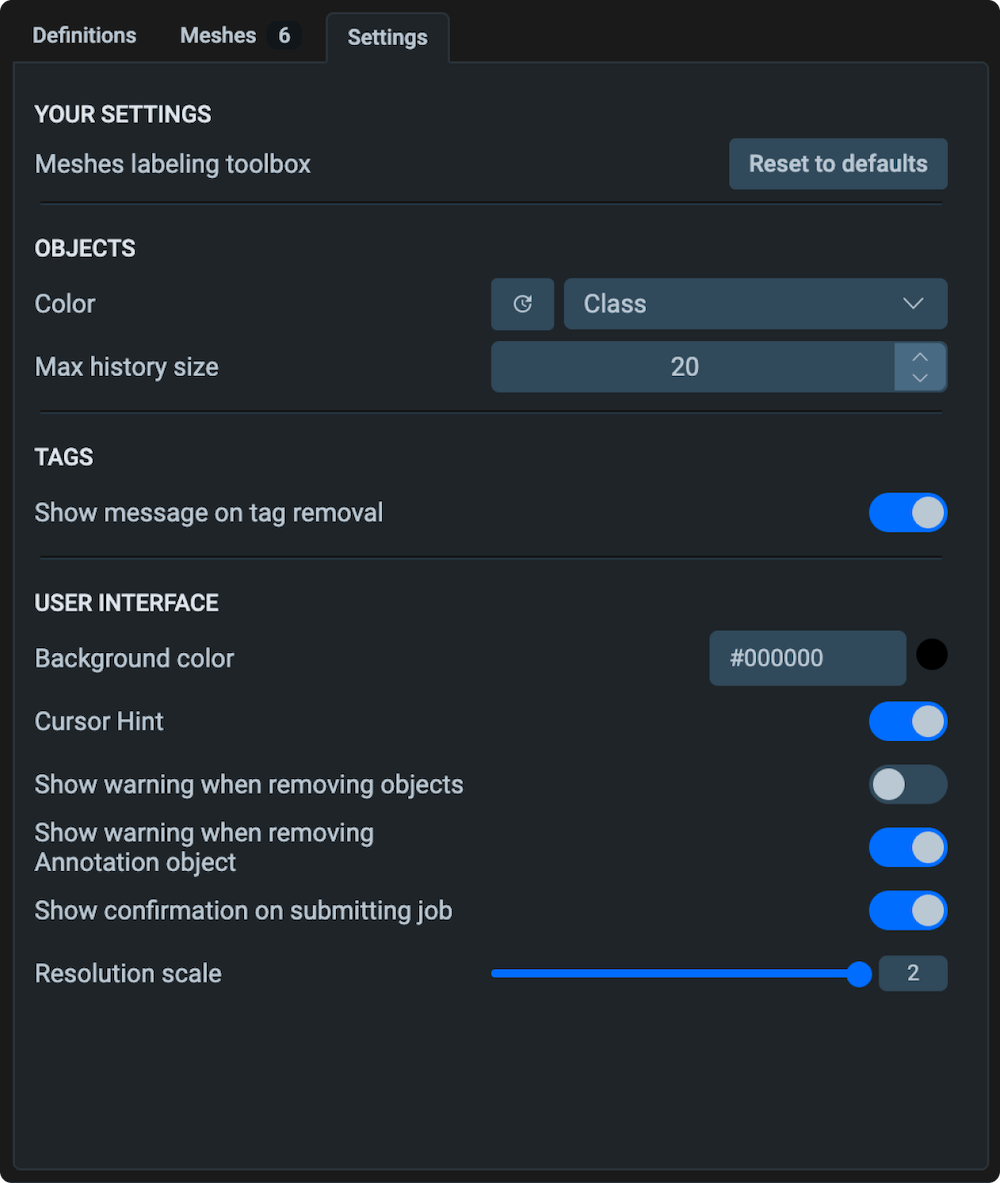 Settings tab with object, tag, and user interface options