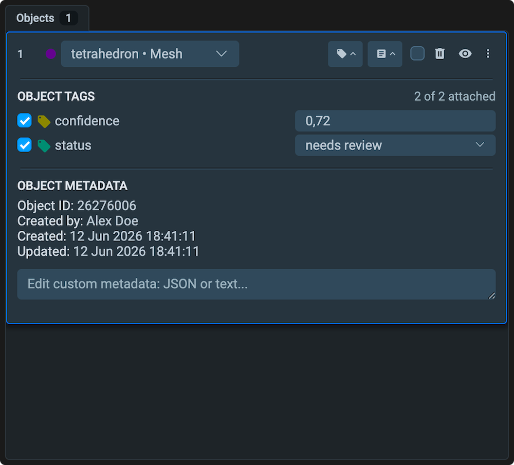Objects panel with a selected object showing its tags and metadata