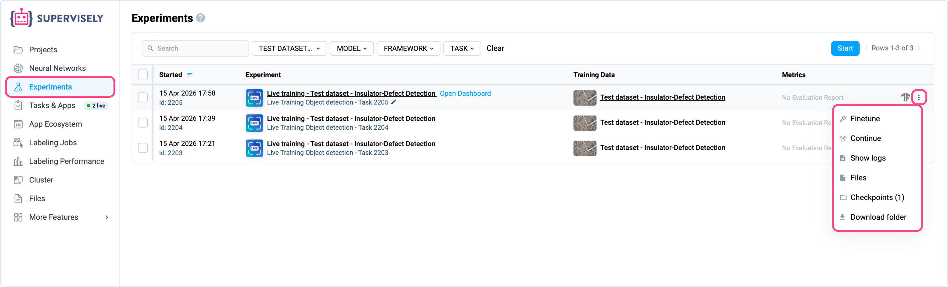 Experiments page showing saved models and checkpoints