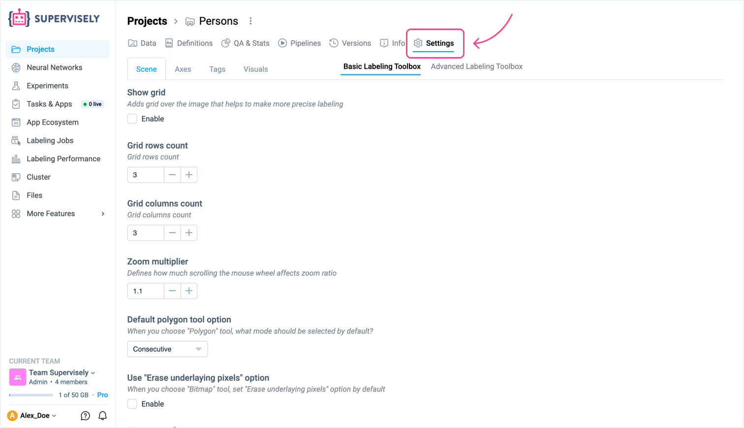 Project Settings tab