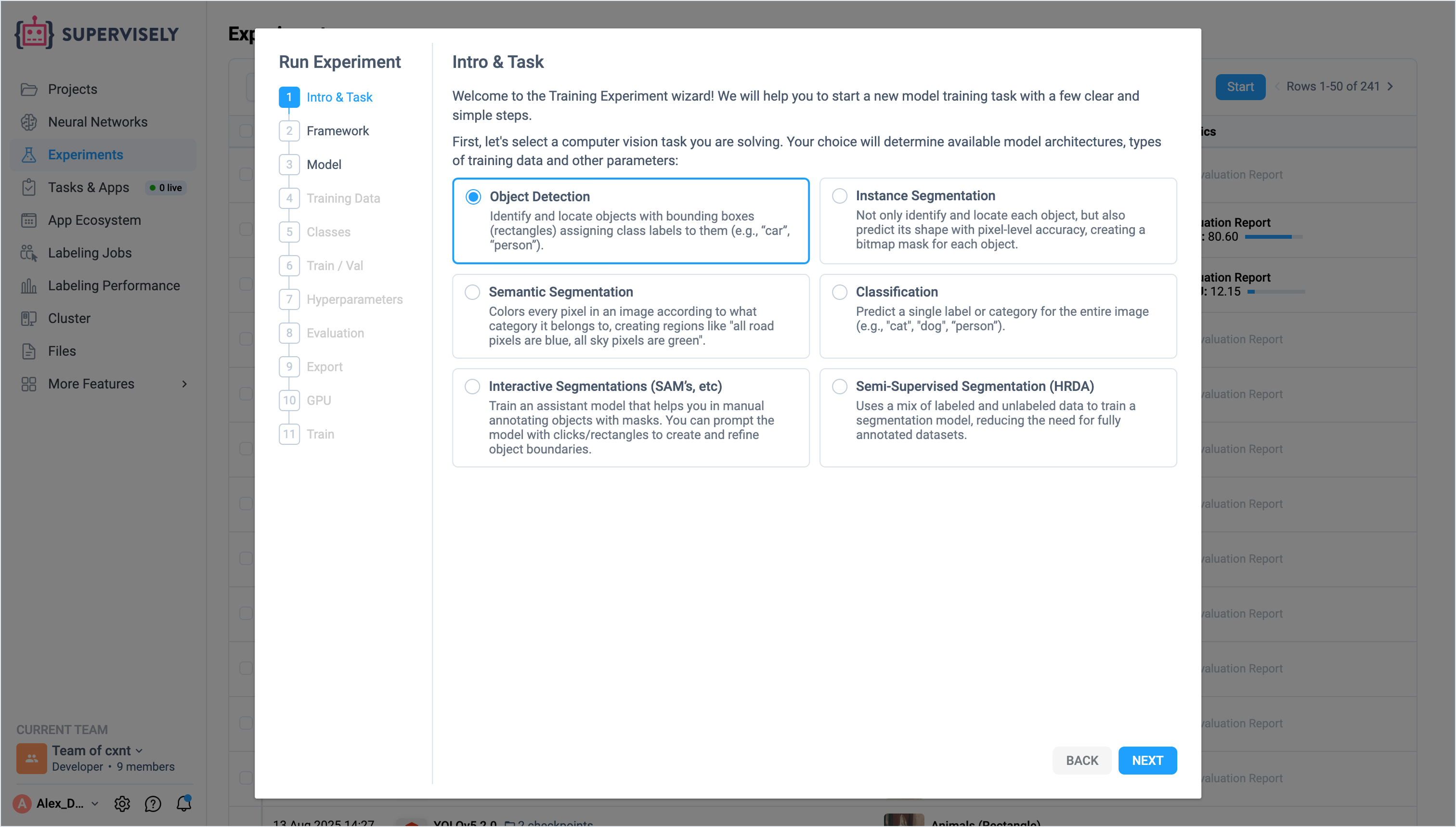 New experiment wizard