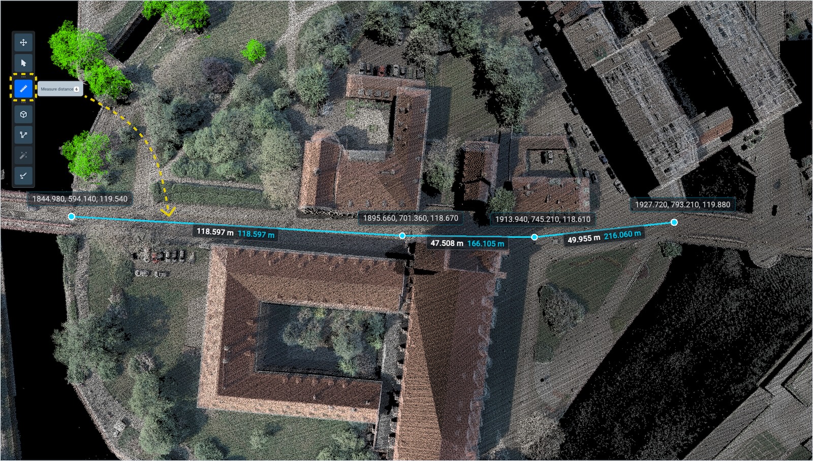 Measure Distance tool showing point coordinates, per-segment distance, and cumulative path length on a point cloud scene