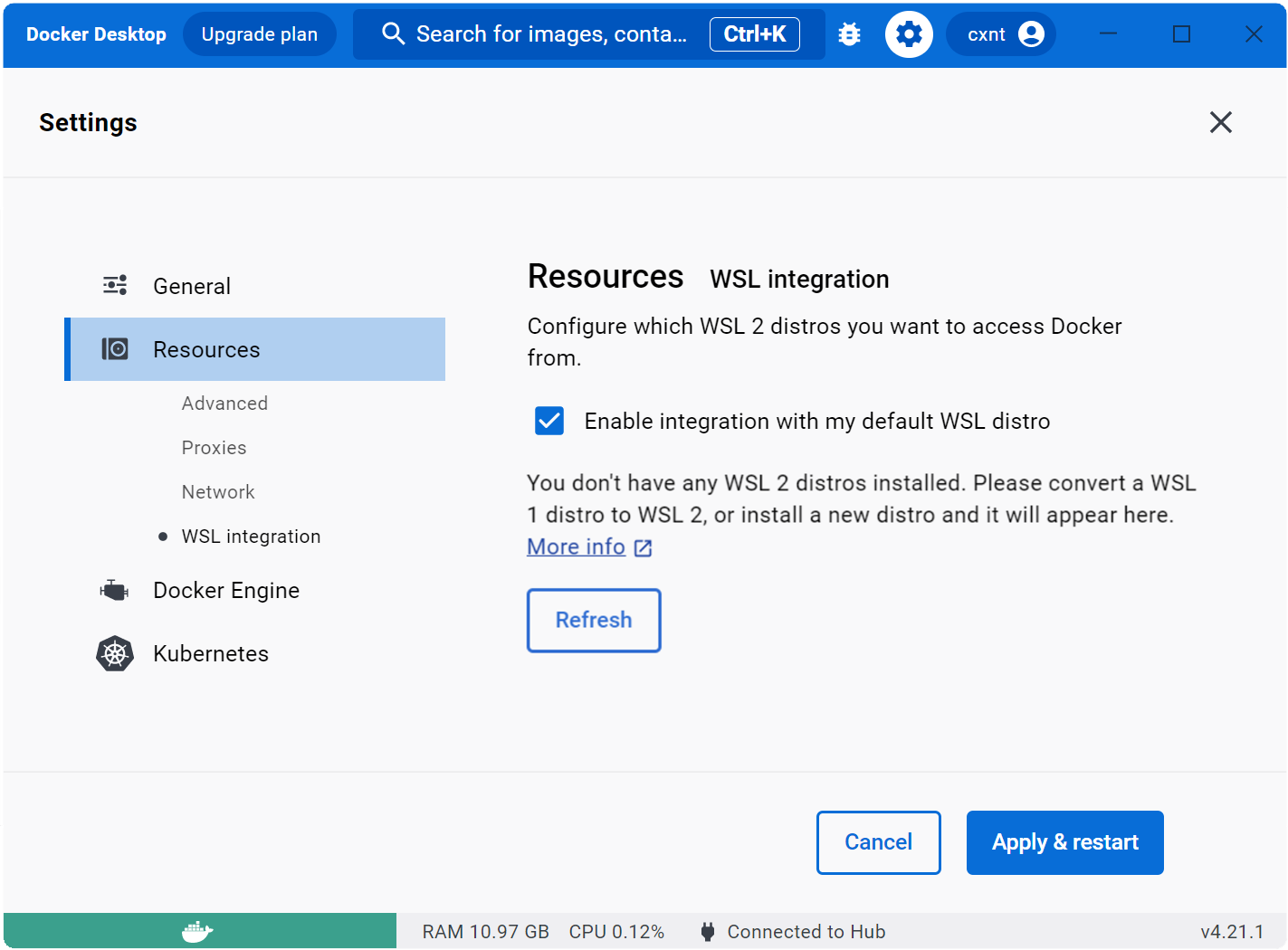 Docker Desktop Resources - You don't have any WSL 2 distros installed