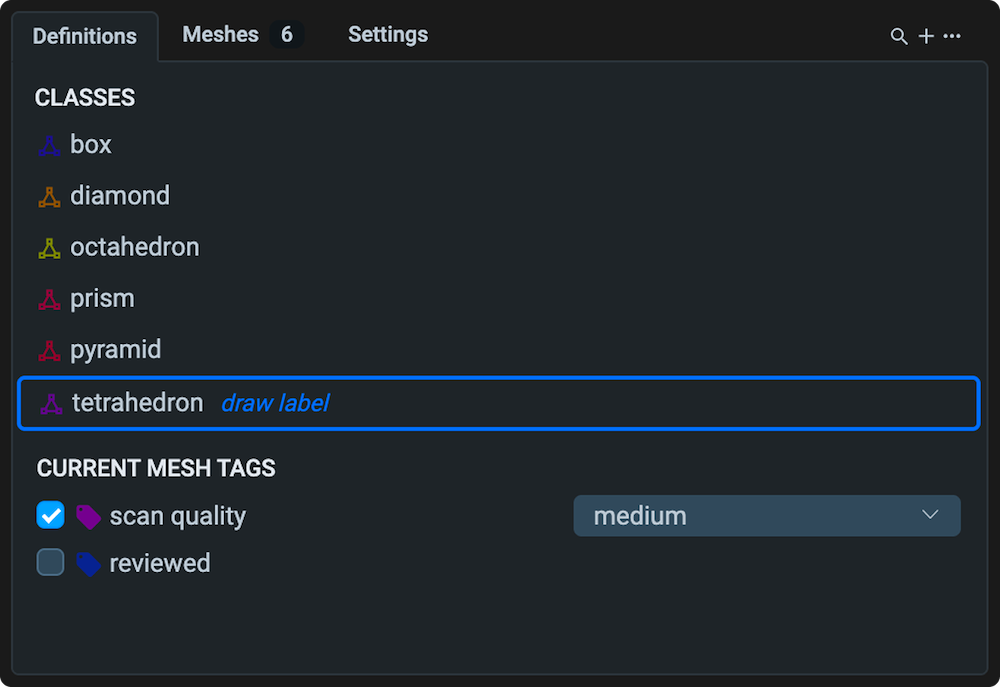 Definitions tab with the project classes list and current mesh tags
