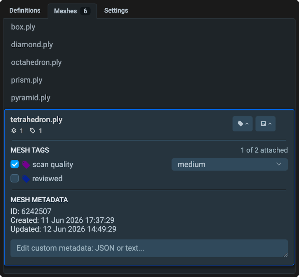 Meshes tab showing the mesh list, mesh tags, and metadata